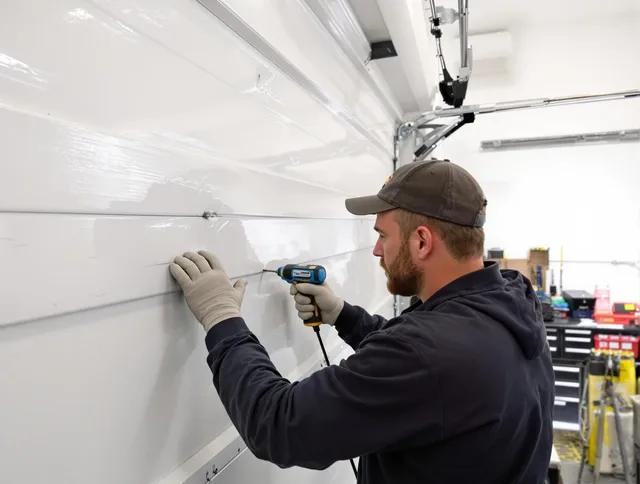 Ansonia Garage Door Repair technician demonstrating precision dent removal techniques on a Ansonia garage door