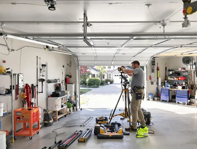 Ansonia Garage Door Repair specialist performing laser-guided track alignment in Ansonia